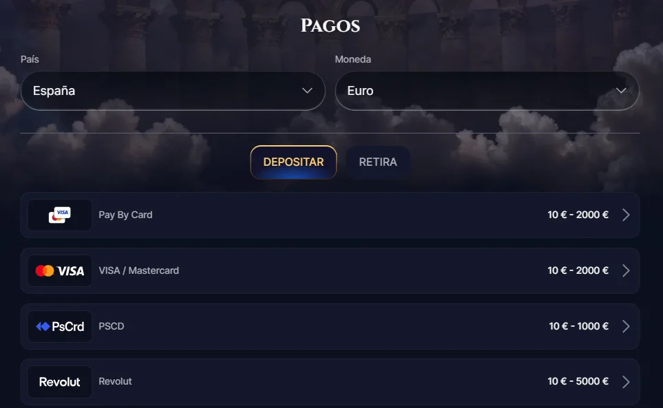 Cazeus Casino Métodos de pago